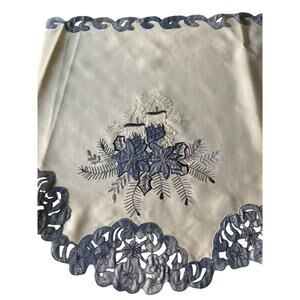 Embroidered Christmas Mantel Scarf White Blue Bells Candles Lace Trim 18.5X94 In